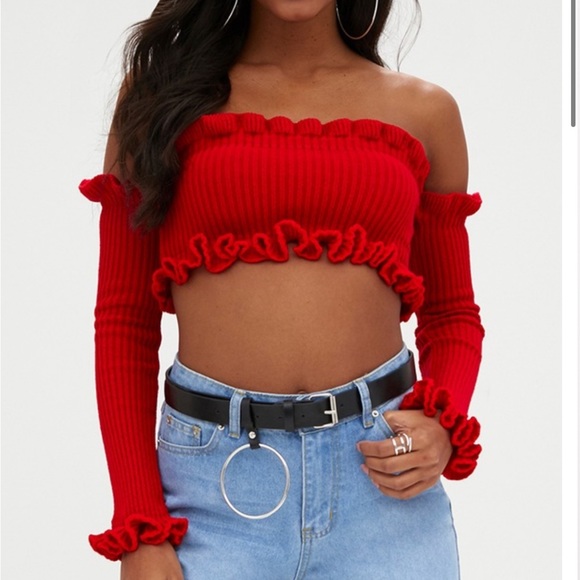 Pretty Little Thing Red Ruffle Detail Knit Barlot Long Sleeve Crop Top, US 6 M L - Picture 4 of 5